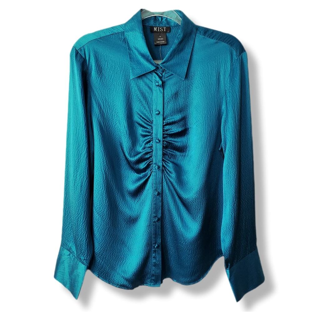 Women Vtg Y2K Teal Blue Silk Blouse Shirt Top L Career Classic Professional NEW